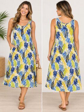 Water Lily Tropical Leaf Print Sleeveless Swing Midi Dress Size M 100% rayon